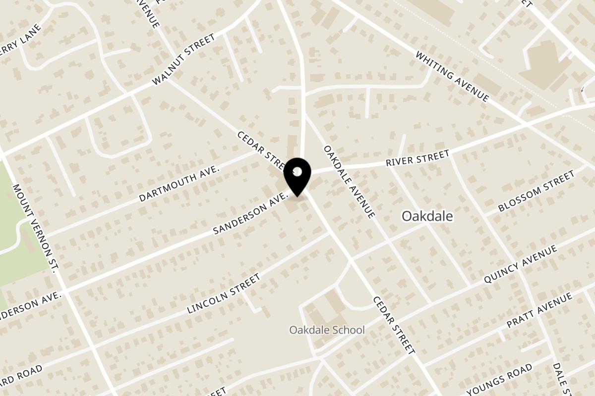 Map showing the location of Johnny's Pockets on 2 Sanderson Ave in Dedham